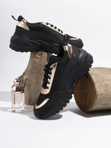 Stylestry Women Black & Gold Colourblocked Sneakers