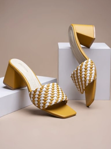 Stylestry Womens & Girls Yellow & White Striped Block Peep Toes