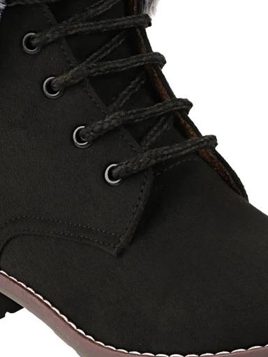 Stylestry Womens & Girls Black Solid Lace Up Fur Boots