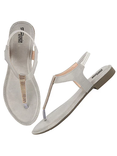 Stylestry Womens & Girls Grey Embellished T-Strap Flats