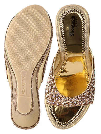 Stylestry Women's & Girl's Gold Embellished Ethnic Wedges Heels Sandals