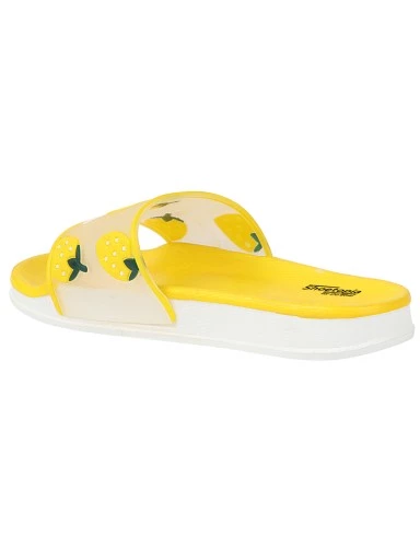 Stylestry Women Transparent & Yellow Printed Sliders