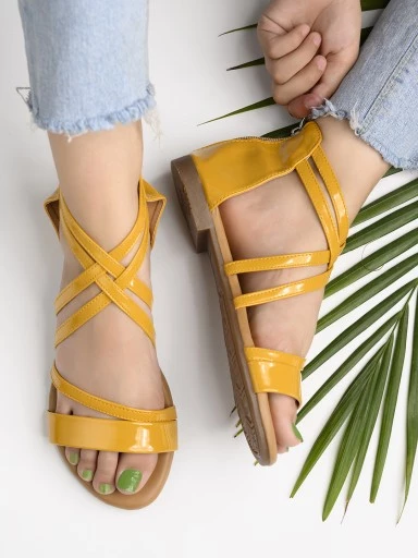 Stylestry Womens & Girls Yellow Zipper Gladiator Flats