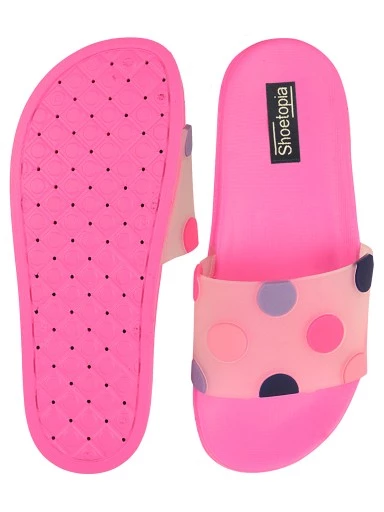 Stylestry Women Peach Polka Dots Printed Rubber Sliders