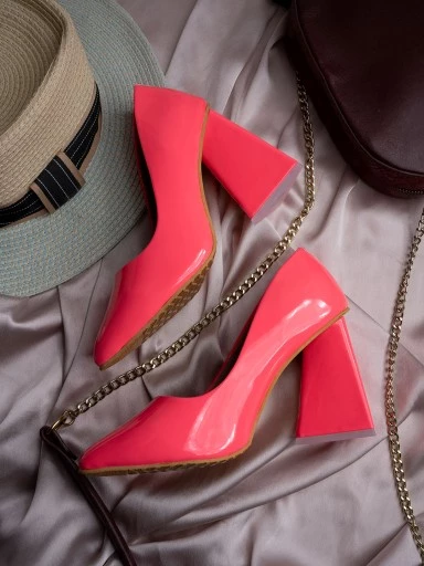 Stylestry Statement Block Heeled Pumps in Pink patent Form Women & Girls