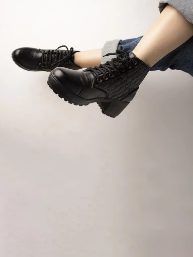 Stylestry Womens & Girls Lace Up High Top Solid Black Heeled Boots