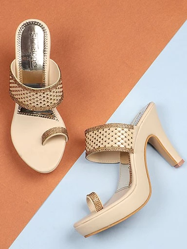 Stylestry Womens & Girls Cream One Toe Ethnic-Embellished Slim Heels