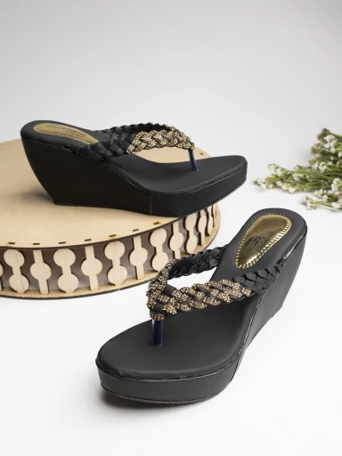 Stylestry Women's & Girl's Black Textured Wedges Heels