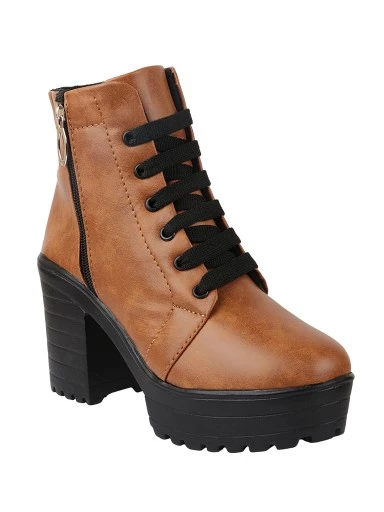 Stylestry Womens & Girls Tan Coloured Solid Lace Up Boots