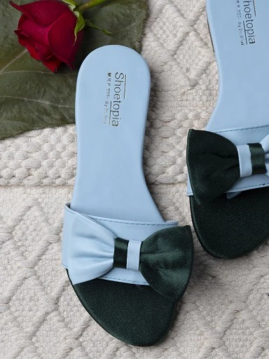 Stylestry Womens & Girls Green & Blue Colourblocked Open Toe Flats