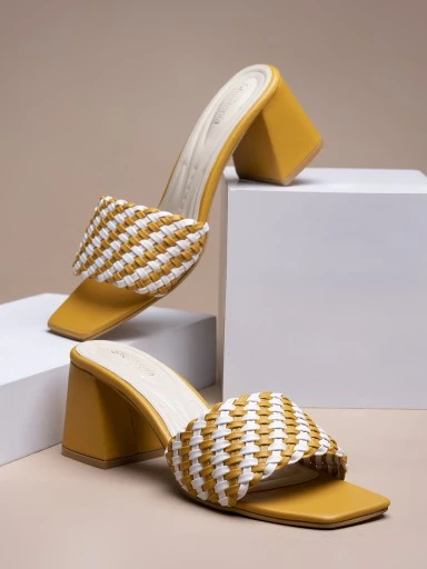 Stylestry Womens & Girls Yellow & White Striped Block Peep Toes