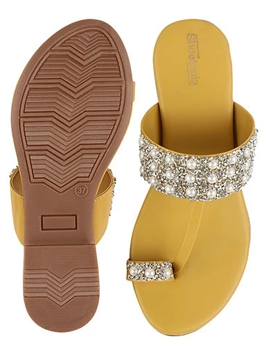 Stylestry Womens & Girls Yellow & Silver-Toned Embellished Leather Ethnic One Toe Flats
