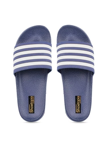 Stylestry Women Navy Blue Striped Sliders