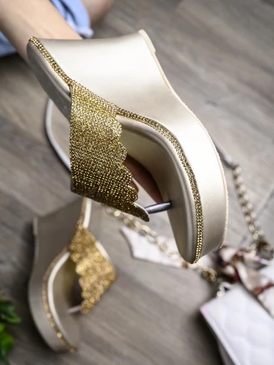 Stylestry Gold-Toned Embellished Party Wedges