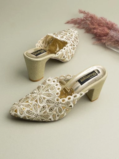 Stylestry Womens & Girls Gold-Toned & Silver-Toned Embellished Ethnic Block Mules with Laser Cuts