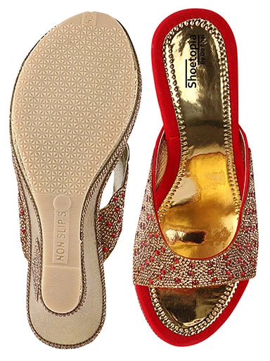 Stylestry Women's & Girl's Red Embellished Ethnic Wedges Heels Sandals
