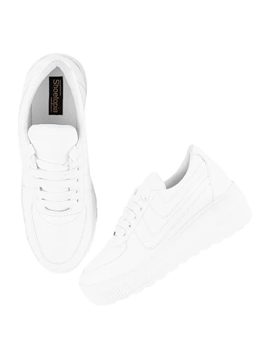 Stylestry Women White Solid Suede Heeled Sneakers