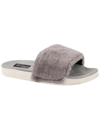 Stylestry Women Grey Solid Fur Slider Flip Flops