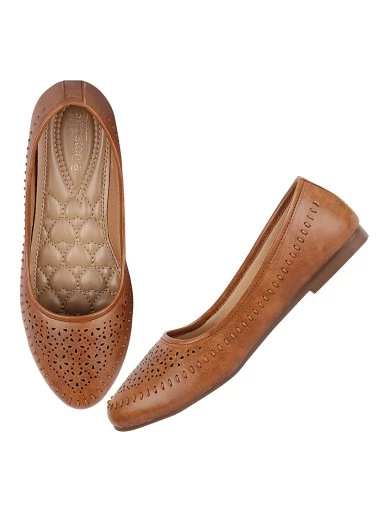 Stylestry Women Tan Ballerinas with Laser Cuts Flats