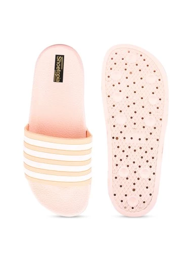 Stylestry Women Peach-Coloured & White Striped Sliders