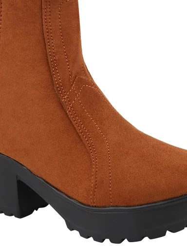 Stylestry Womens & Girls Tan Zipper High Top Heeled Boots