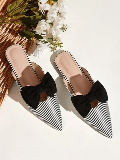 Stylestry Women Black & White Striped Mules with Bow