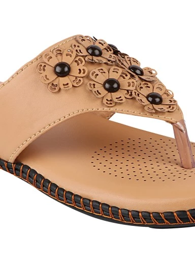 Stylestry Women Beige Black Embellished T-Strap Flats