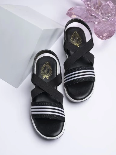 Stylestry Women's & Girl's Black Striped Wedges Heels Sandals