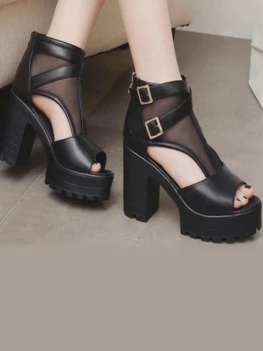 Stylestry Black Platform Peep Toes with Buckles