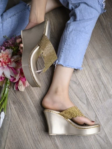 Stylestry Gold-Toned Embellished Party Wedges