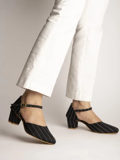 Stylestry Womens & Girls Black Striped Block Heels Pumps