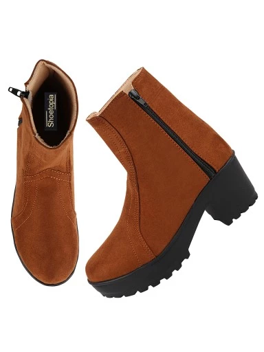 Stylestry Womens & Girls Tan Zipper High Top Heeled Boots