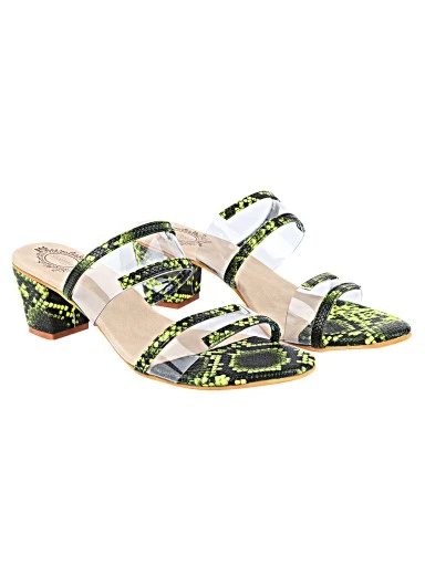 Stylestry Green Transparent Printed Party Block Sandals