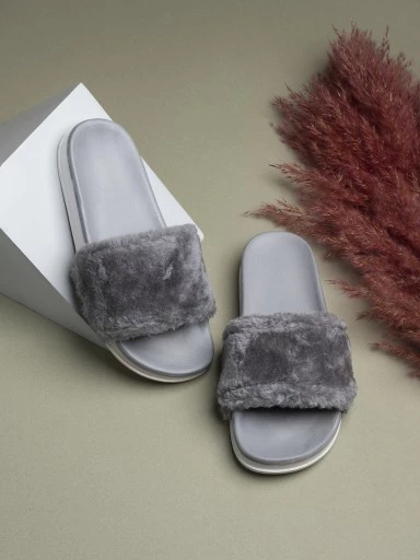 Stylestry Women Grey Solid Fur Slider Flip Flops