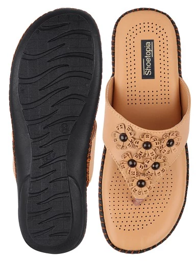 Stylestry Women Beige Black Embellished T-Strap Flats