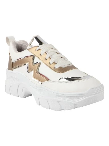 Stylestry Women White & Gold Mesh Walking Shoes
