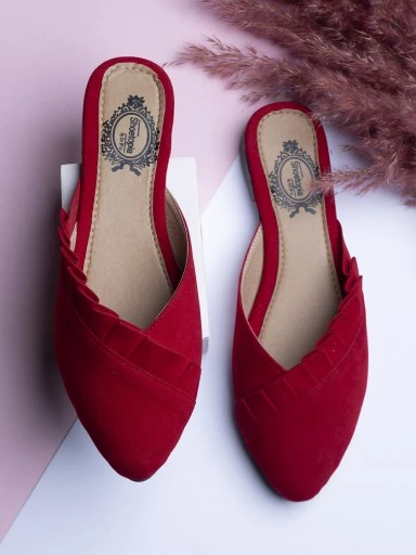 Stylestry Womens & Girls Red Solid Velvet Mules