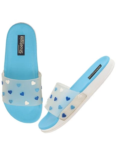 Stylestry Women Off White & Blue Printed Rubber Sliders