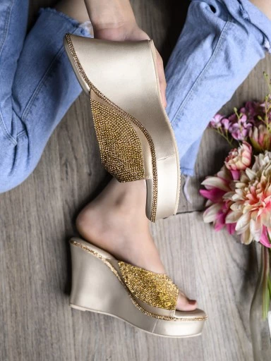 Stylestry Gold-Toned Embellished Party Wedges
