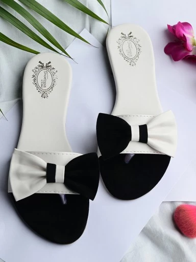 Stylestry Womens & Girls White & Black Colourblocked Open Toe Flats