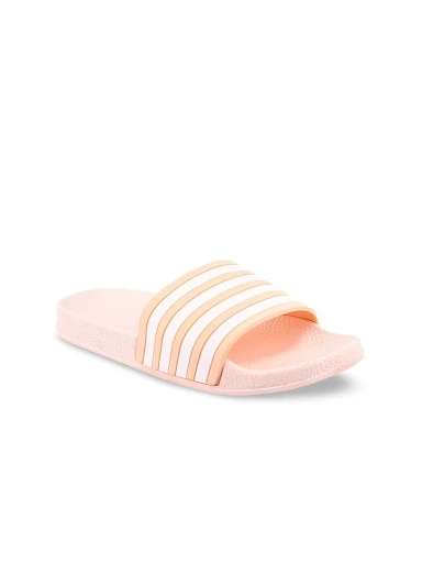 Stylestry Women Peach-Coloured & White Striped Sliders