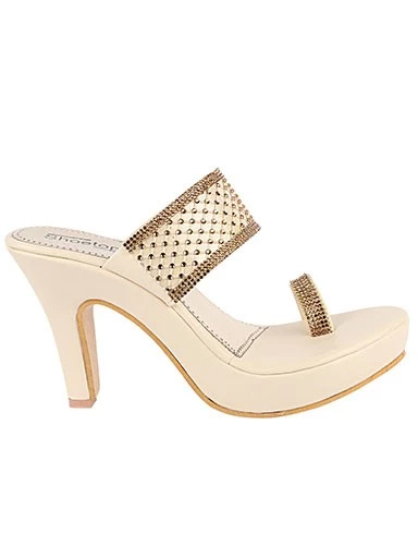 Stylestry Womens & Girls Cream One Toe Ethnic-Embellished Slim Heels