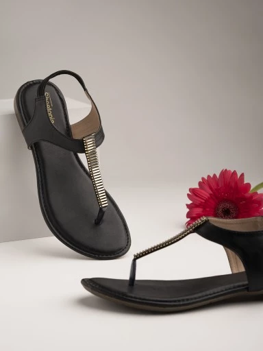 Stylestry Womens & Girls Black Embellished T-Strap Flats