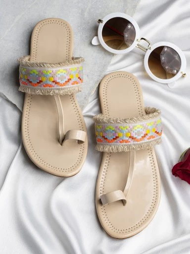 Stylestry Women Cream-Coloured Woven Design One Toe Flats