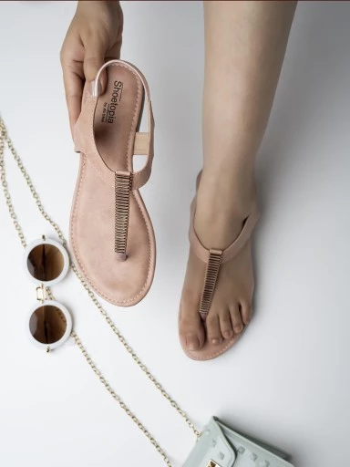 Stylestry Womens & Girls Pink Embellished T-Strap Flats