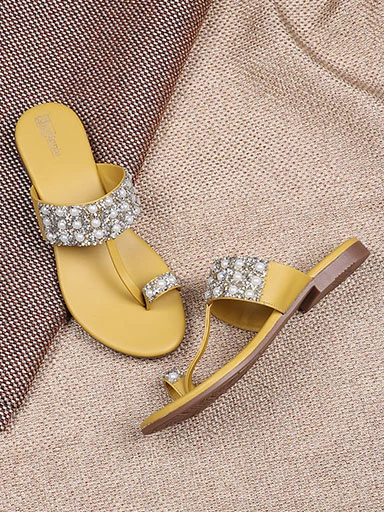 Stylestry Womens & Girls Yellow & Silver-Toned Embellished Leather Ethnic One Toe Flats