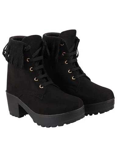 Stylestry Womens & Girls Black Lace Up Heeled Boots