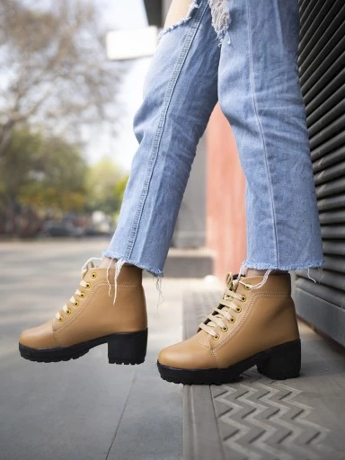 Stylestry Womens & Girls Beige High-Top Platform Heeled Boots