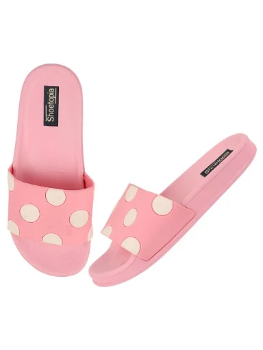 Stylestry Women Pink & White Printed Rubber Sliders