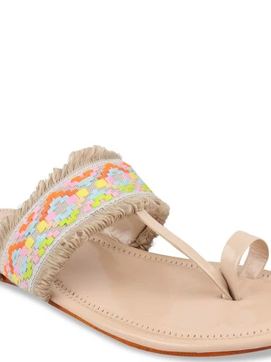 Stylestry Women Cream-Coloured Woven Design One Toe Flats